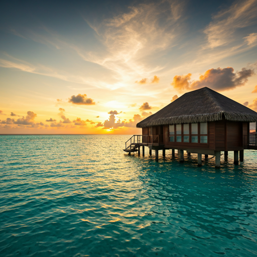 Bungalow sobre aguas cristalinas en destino tropical paradisíaco al atardecer con cielos vibrantes